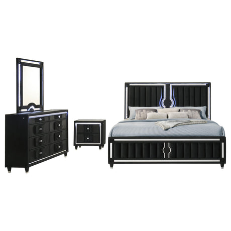 Ravenne Black 4-piece Velvet Upholstered Eastern King LED Bedroom Set from Coaster - Luna Furniture