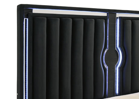 Ravenne Black 4-piece Velvet Upholstered Eastern King LED Bedroom Set from Coaster - Luna Furniture
