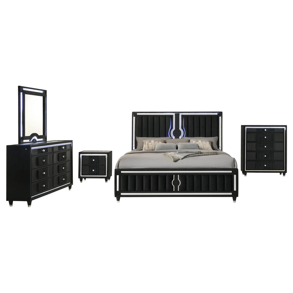 Ravenne Black 5-piece Velvet Upholstered Eastern King LED Bedroom Set from Coaster - Luna Furniture