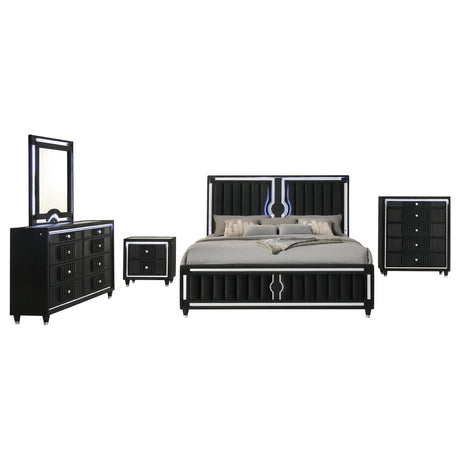 Ravenne Black 5-piece Velvet Upholstered Eastern King LED Bedroom Set from Coaster - Luna Furniture