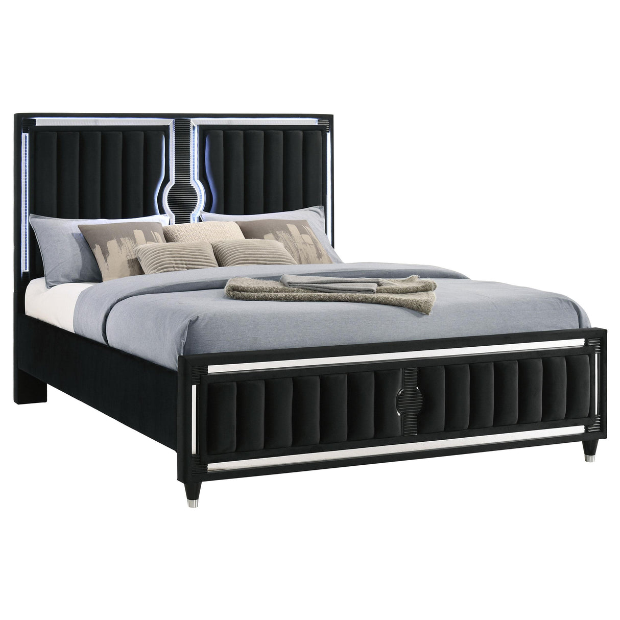 Ravenne Black Velvet Upholstered Eastern King LED Panel Bed from Coaster - Luna Furniture