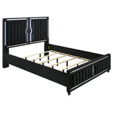 Ravenne Black California king bed, LED-lit upholstered headboard and footboard, three-quarter view