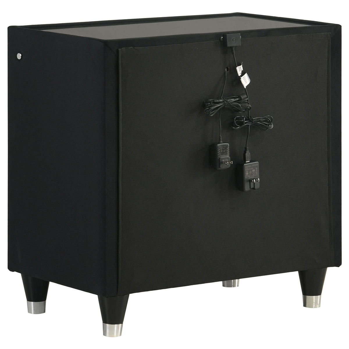 Ravenne Black nightstand, rear view with wiring, tapered legs and black finish