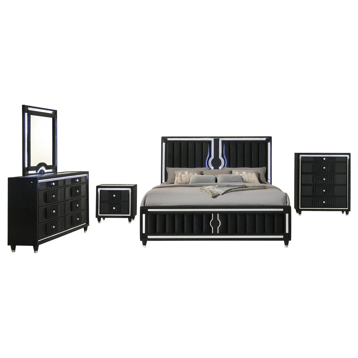 Ravenne Black 5-Piece California King Velvet LED Bedroom Set from Coaster - Luna Furniture