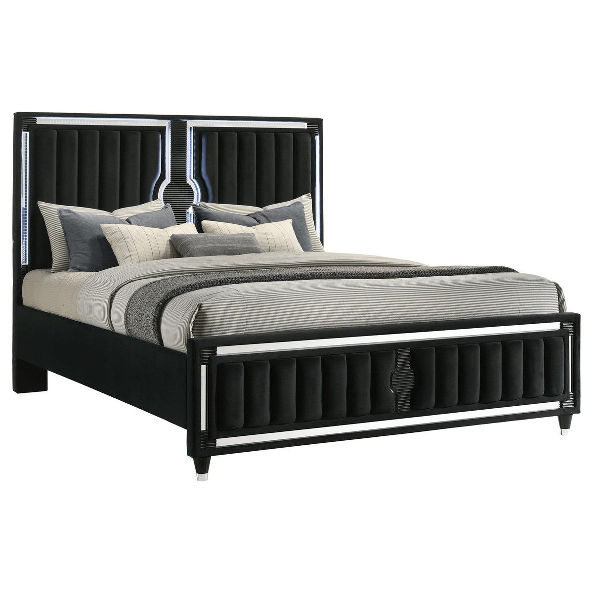 Ravenne Black California King LED Panel Bed, upholstered headboard and footboard, front angle