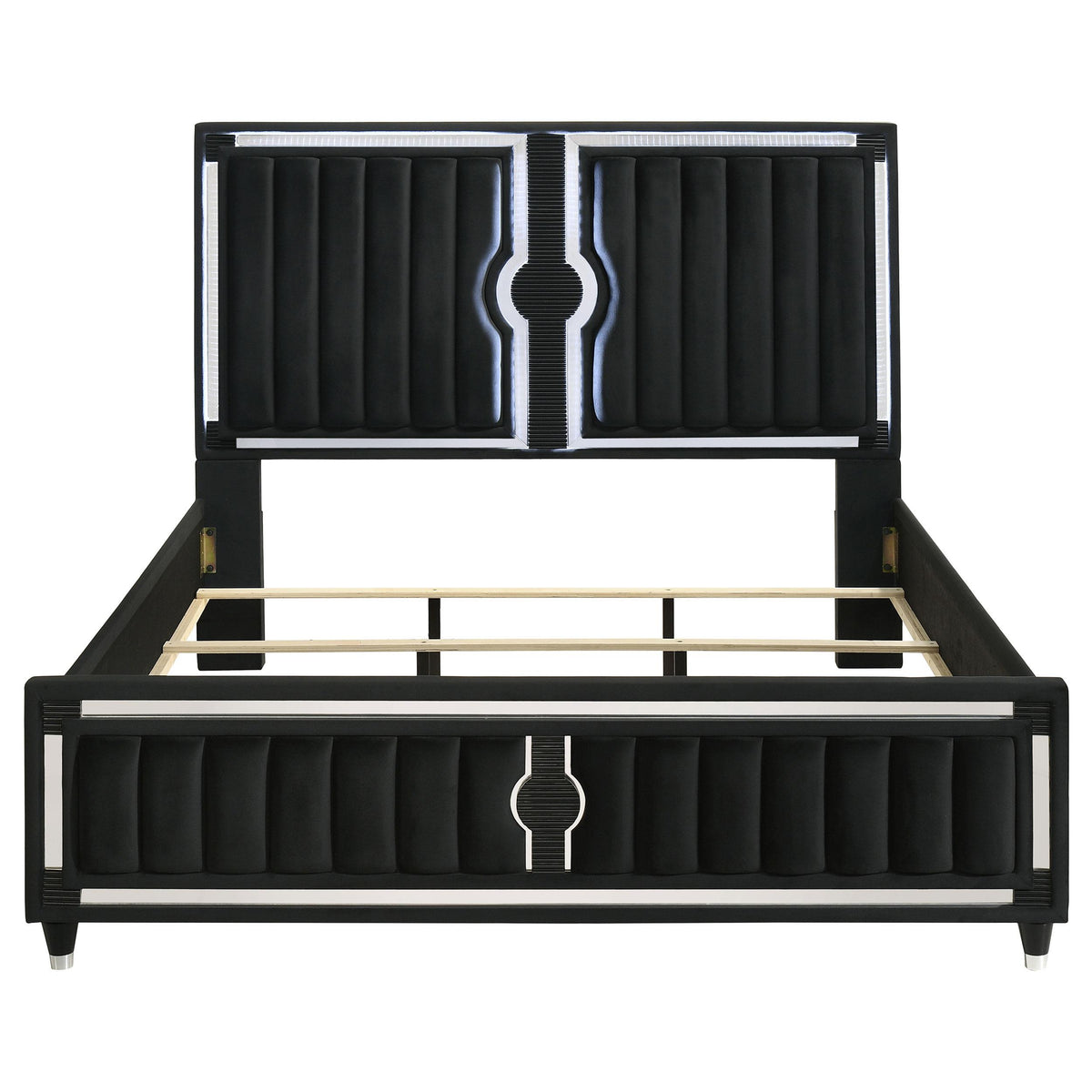 Ravenne Black California King LED Panel Bed, front view, upholstered panels and light trim