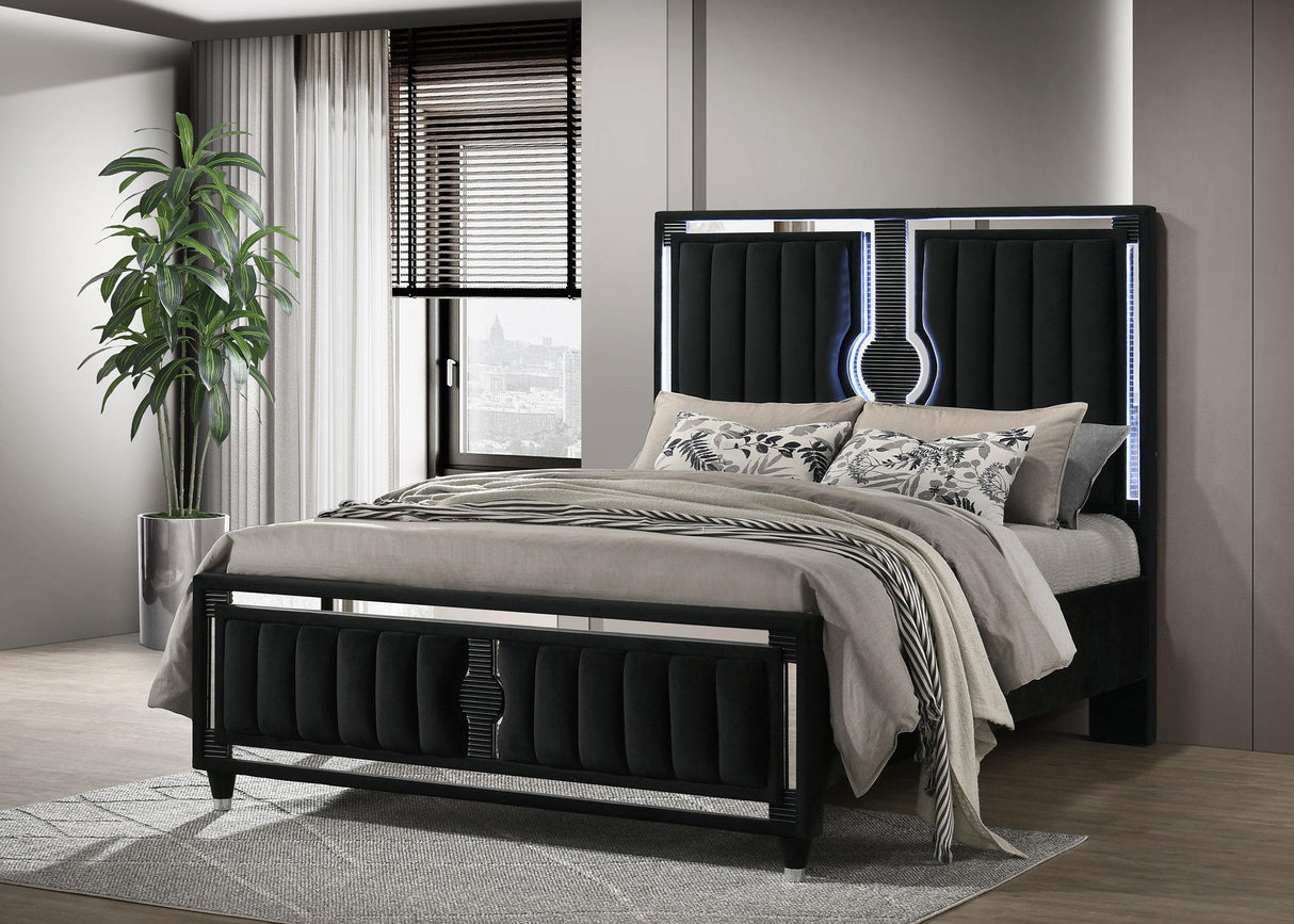 Ravenne Black Velvet Upholstered Queen LED Panel Bed from Coaster - Luna Furniture