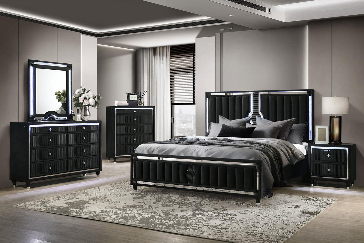 Ravenne Black Velvet Upholstered Queen LED Panel Bed from Coaster - Luna Furniture
