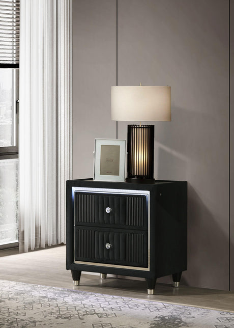 Ravenne Black 2-drawer Velvet Upholstered LED Nightstand with USB from Coaster - Luna Furniture