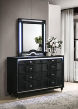 Ravenne Black dresser and mirror set in bedroom, LED trim lighting, styled view