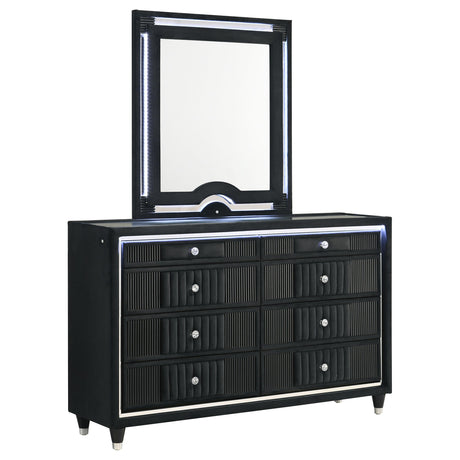 Ravenne Black dresser and mirror set, LED trim lighting, front view