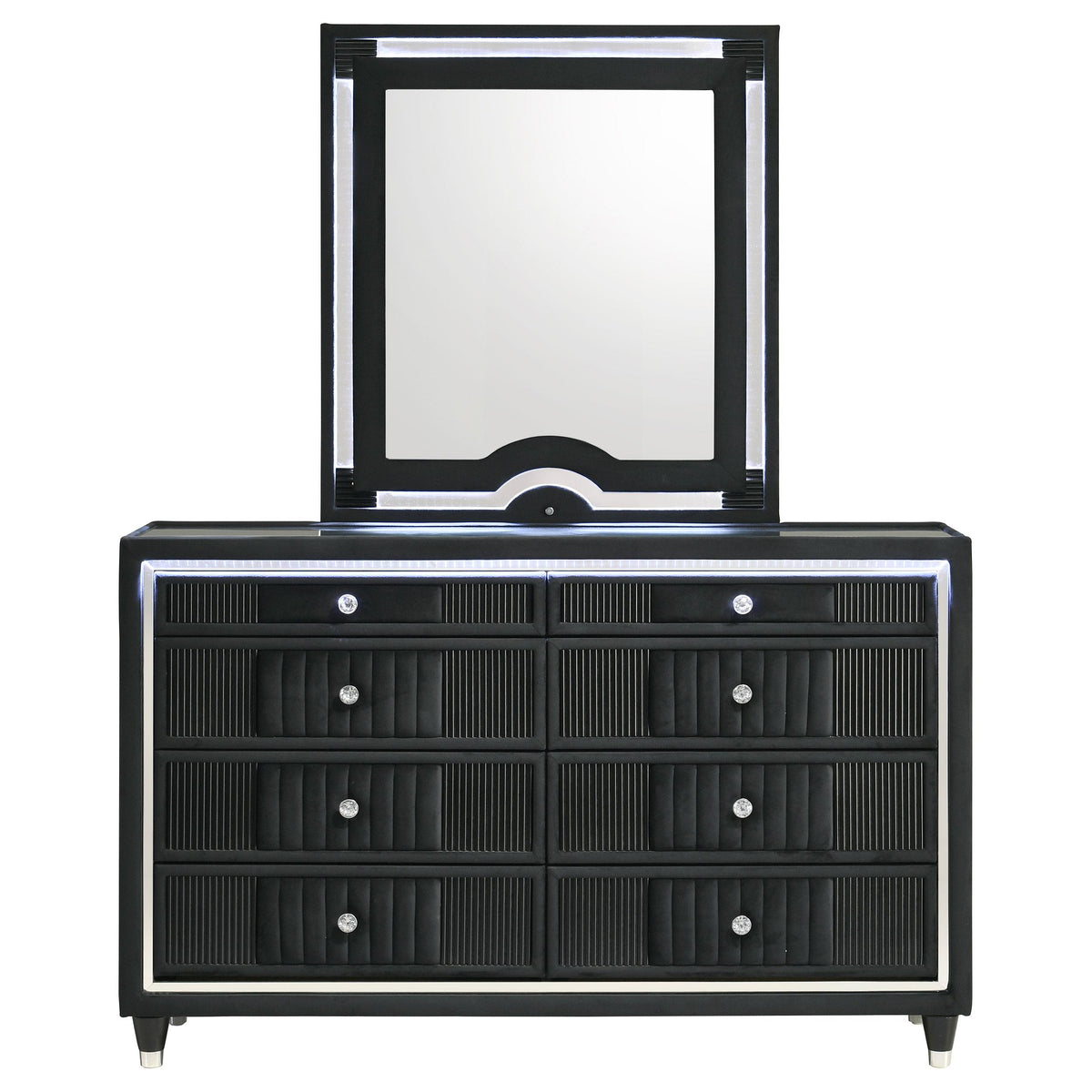Ravenne Black dresser and mirror set, six drawers, straight front view