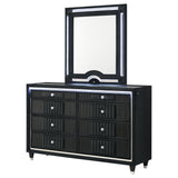 Ravenne Black dresser and mirror set, angled view, LED trim lighting
