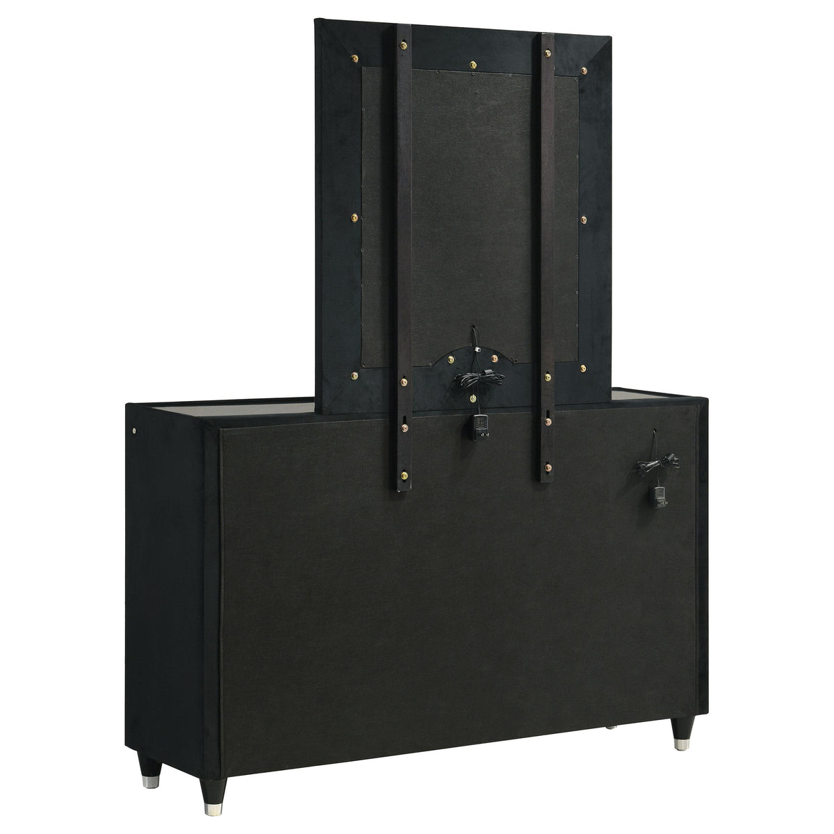 Ravenne Black dresser and mirror set back view, mounted mirror supports