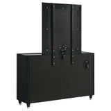 Ravenne Black dresser and mirror set back view, mounted mirror supports