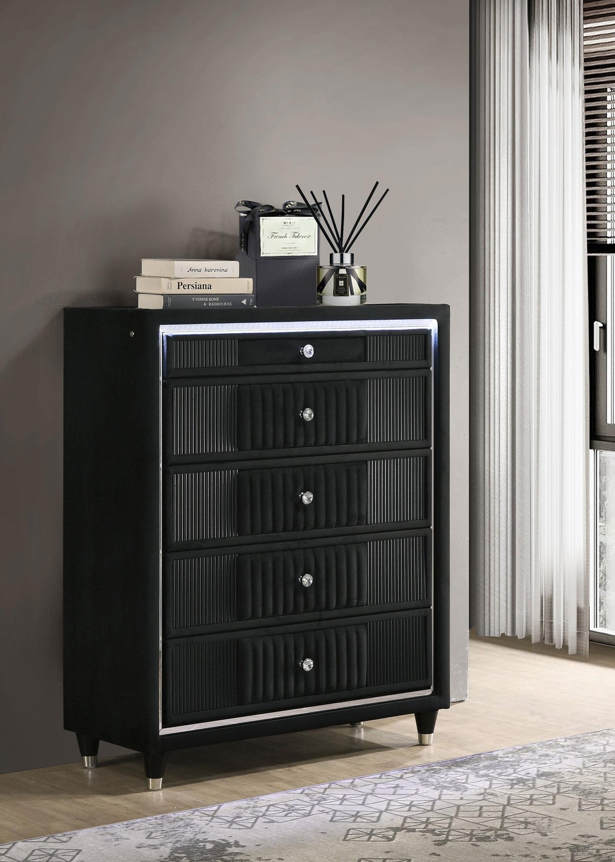 Ravenne Black 5-drawer Velvet Upholstered LED Chest of Drawers from Coaster - Luna Furniture
