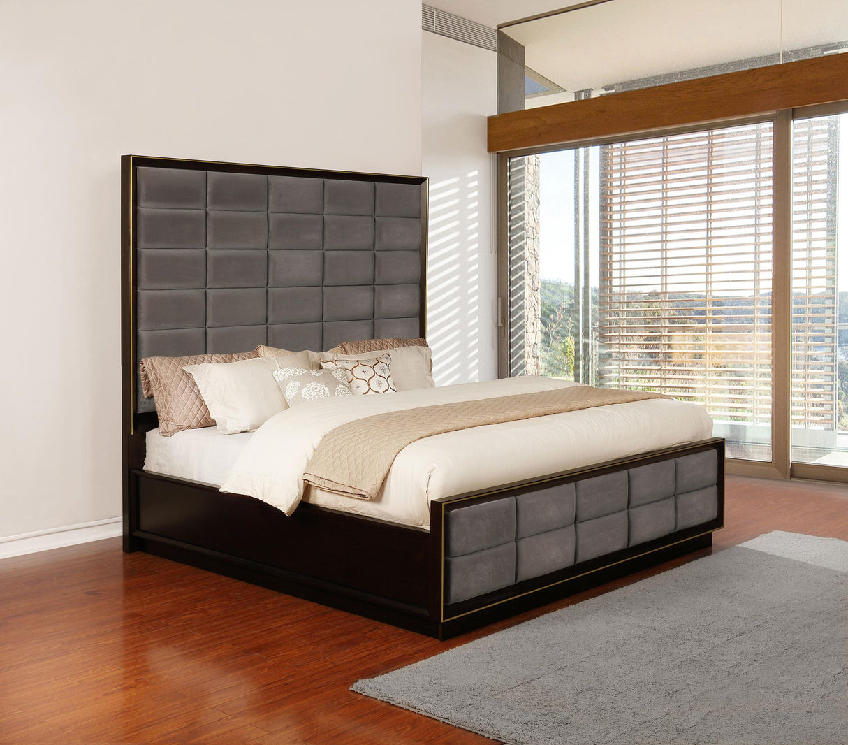 Durango Gray and Smoked Peppercorn Upholstered Queen Bed from Coaster - Luna Furniture