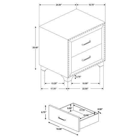 Melody Pacific Blue Upholstered 2-Drawer Nightstand from Coaster - Luna Furniture