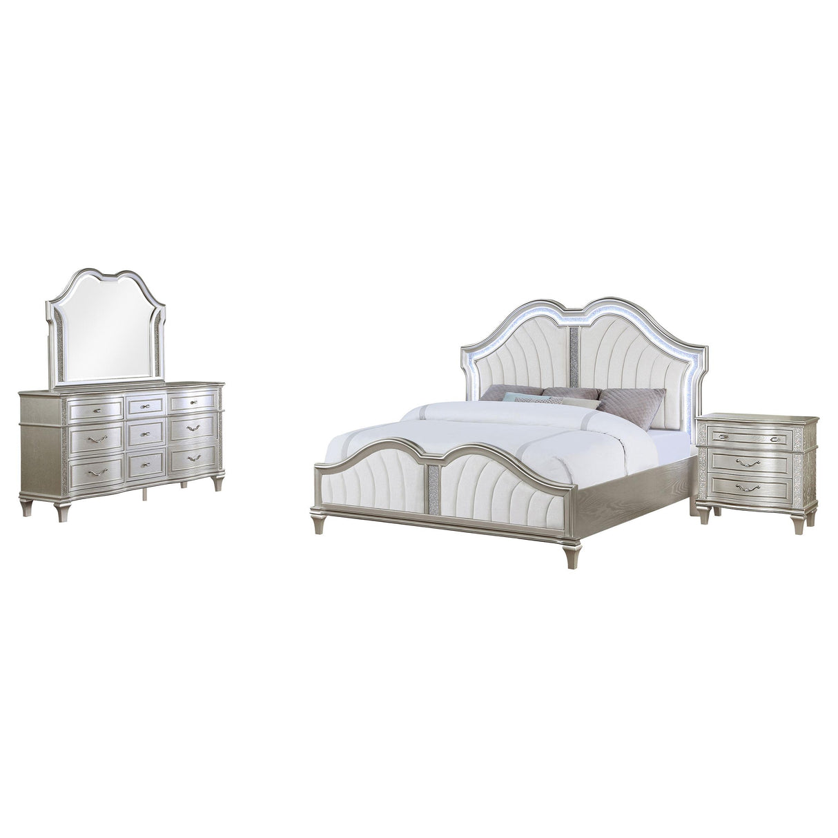Evangeline Ivory and Silver Oak Upholstered 4-Piece Queen Platform Bedroom Set from Coaster - Luna Furniture