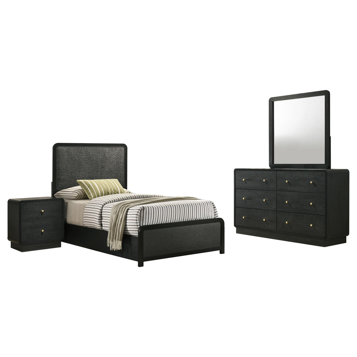 Cavelle Black Twin Bedroom Set with bed, nightstand, dresser and mirror, white background