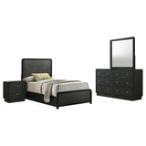 Cavelle Black Twin Bedroom Set with bed, nightstand, dresser and mirror, white background