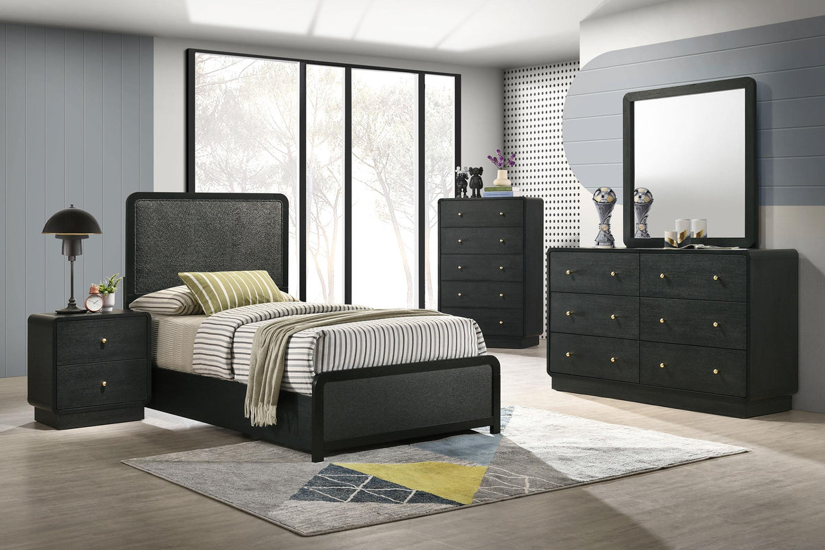 Cavelle Black 5-piece twin bedroom set, black finish with brass knobs, coordinated lifestyle view
