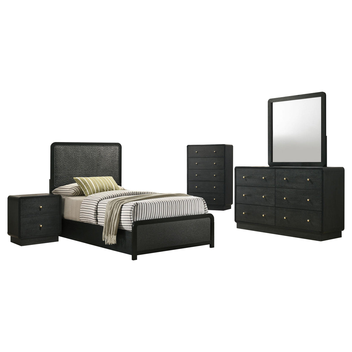 Cavelle Black 5-piece twin bedroom set, black finish and brass knobs, set overview on white