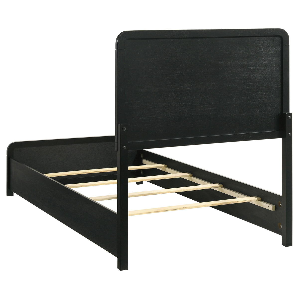 Cavelle Black twin bed, slat support and upholstered headboard, side three-quarter view