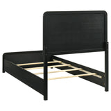 Cavelle Black twin bed, slat support and upholstered headboard, side three-quarter view