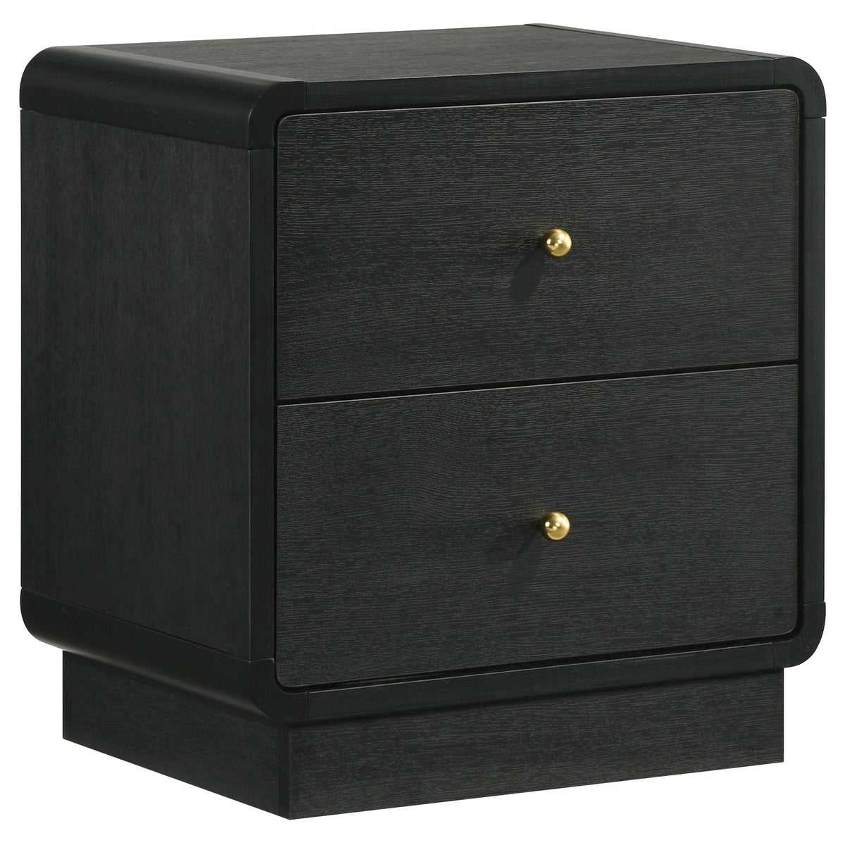 Cavelle Black nightstand, two drawers with brass knobs, front view