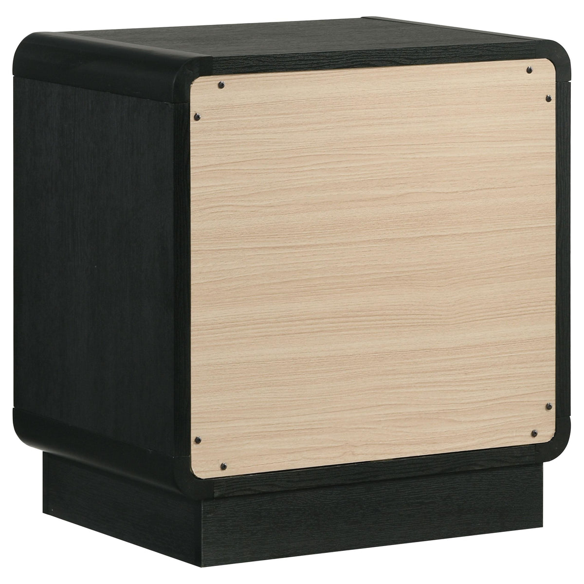 Cavelle Black nightstand back view, black case with unfinished rear panel