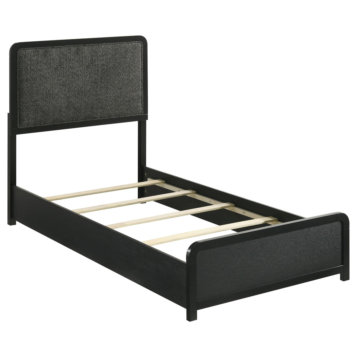 Cavelle Black Twin Panel Bed, upholstered headboard and footboard, three-quarter view