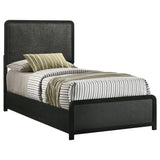 Cavelle Black Twin Panel Bed, upholstered headboard and footboard, front three-quarter view