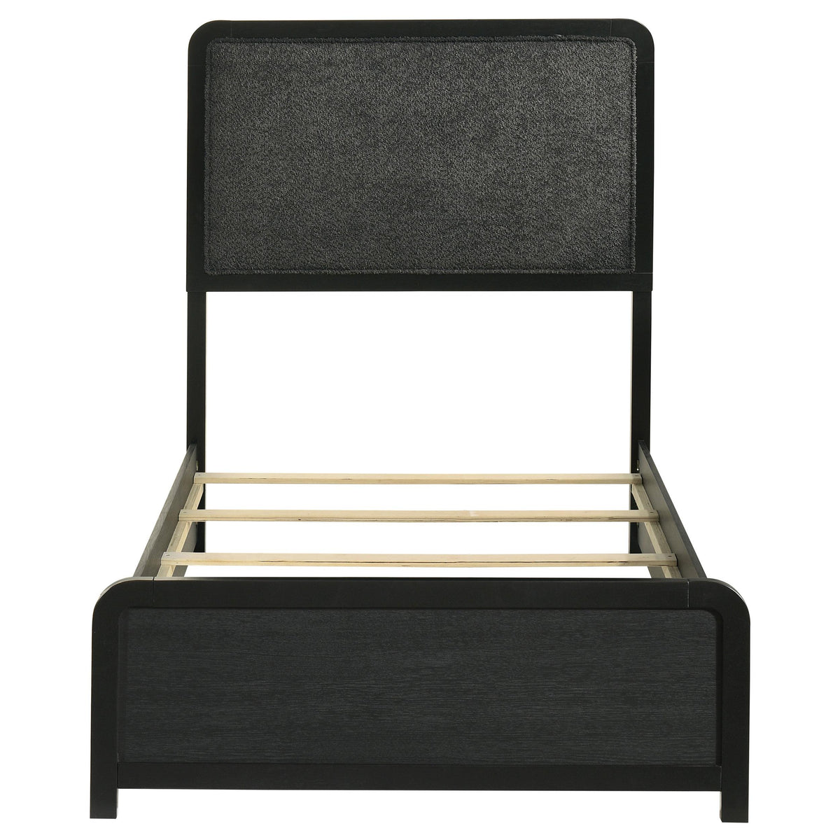 Cavelle Black Twin Panel Bed, front view with upholstered headboard and footboard