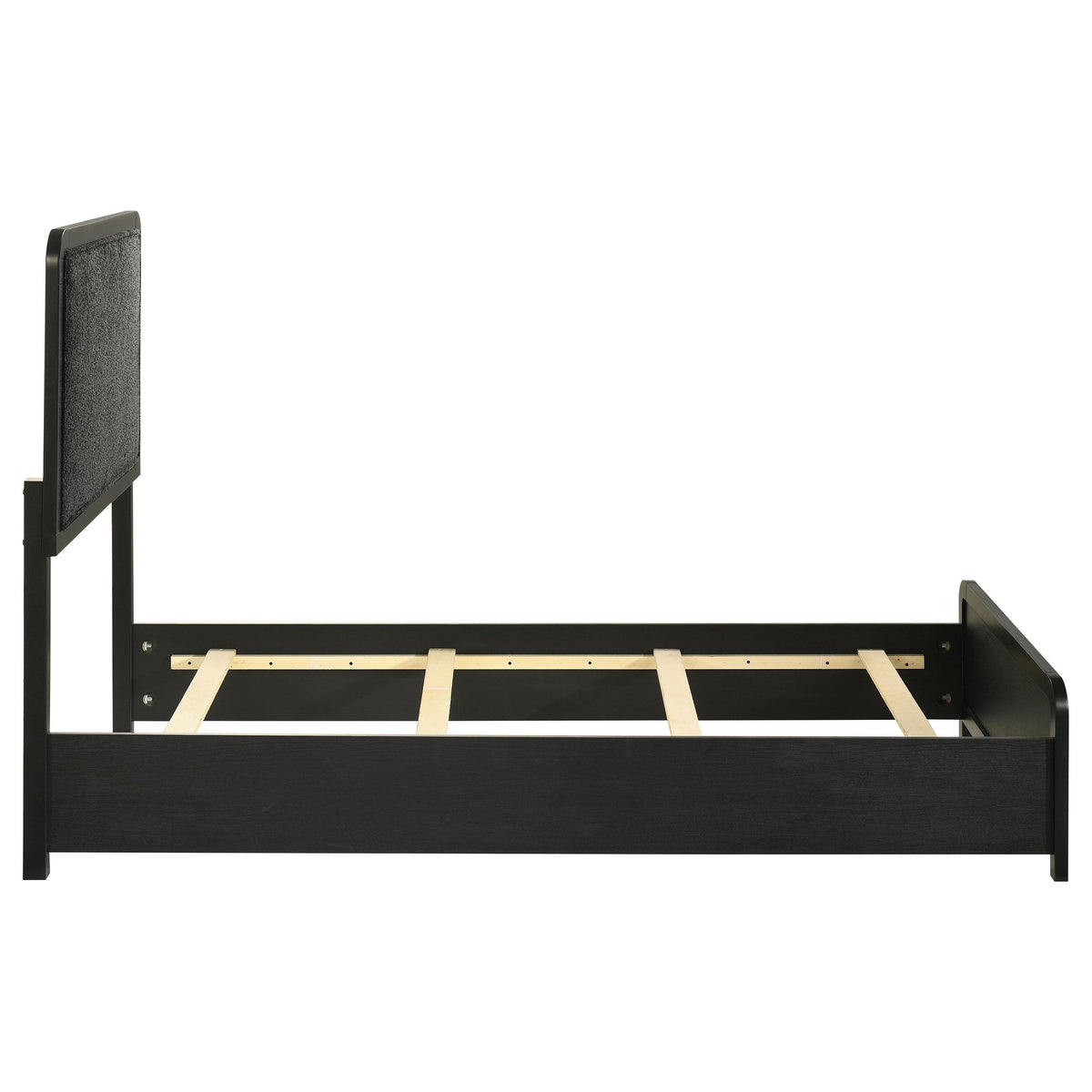 Cavelle Black Twin Panel Bed, rear three-quarter view with slat foundation