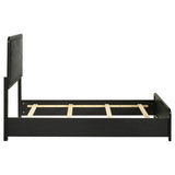 Cavelle Black Twin Panel Bed, rear three-quarter view with slat foundation