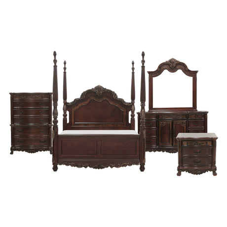 Deryn Park Cherry 5-Piece Queen Poster Bedroom Set (Queen Bed, Nightstand, Dresser, Mirror, Chest) from Homelegance - Luna Furniture