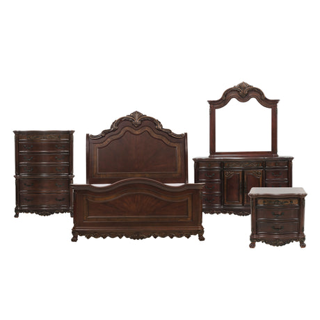 Deryn Park Cherry 5-Piece Queen Sleigh Bedroom Set (Queen Bed, Nightstand, Dresser, Mirror, Chest) from Homelegance - Luna Furniture