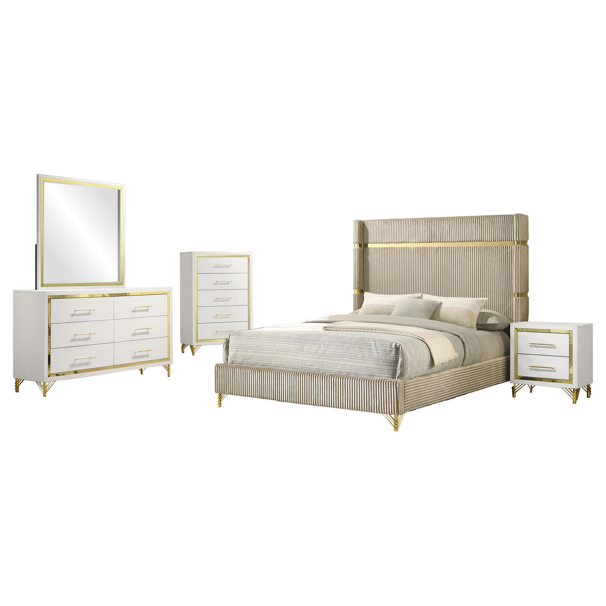 Lucia Beige 5-Piece Queen Bedroom Set with Upholstered Wingback Panel Bed from Coaster - Luna Furniture