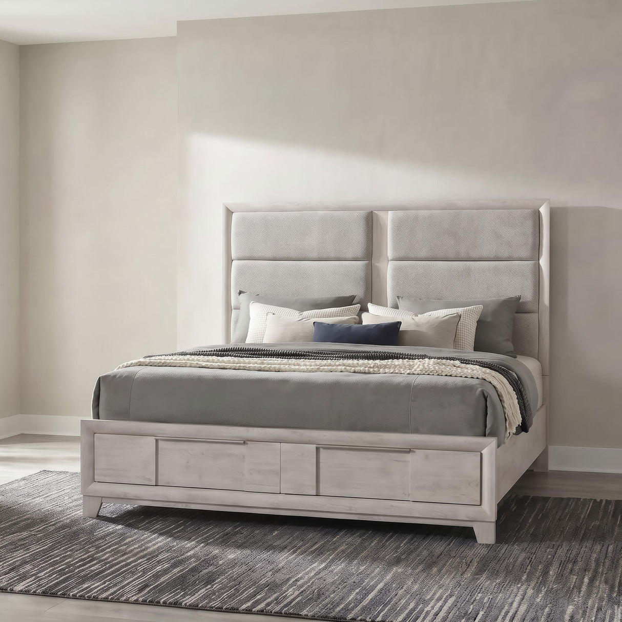 Farre Washed Gray Upholstered Eastern King Storage Platform Bed from Coaster - Luna Furniture
