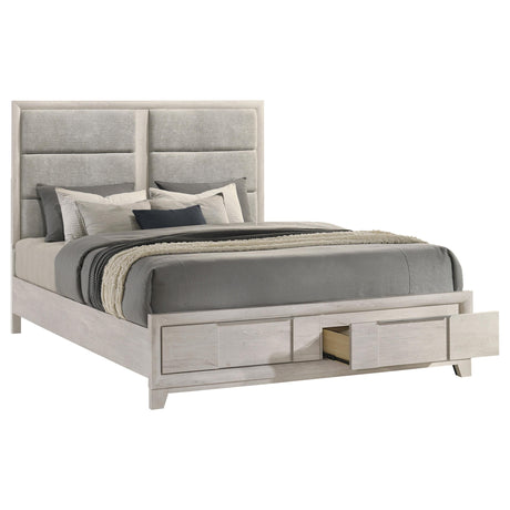 Farre Washed Gray Upholstered Eastern King Storage Platform Bed from Coaster - Luna Furniture