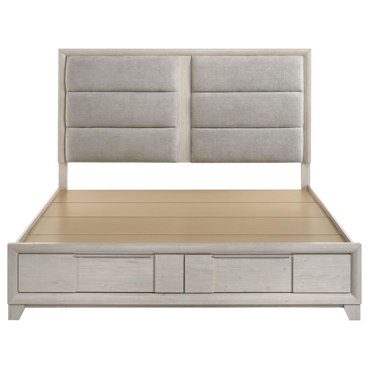 Farre Washed Gray Upholstered Eastern King Storage Platform Bed