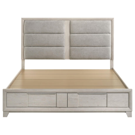 Farre Washed Gray Upholstered Eastern King Storage Platform Bed from Coaster - Luna Furniture