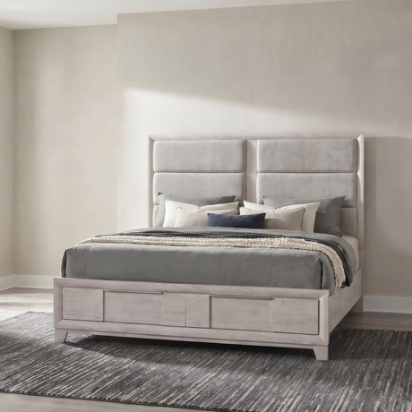 Farre Washed Gray Upholstered Queen Storage Platform Bed from Coaster - Luna Furniture
