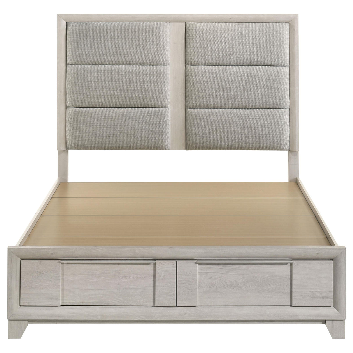 Farre Washed Gray Upholstered Queen Storage Platform Bed