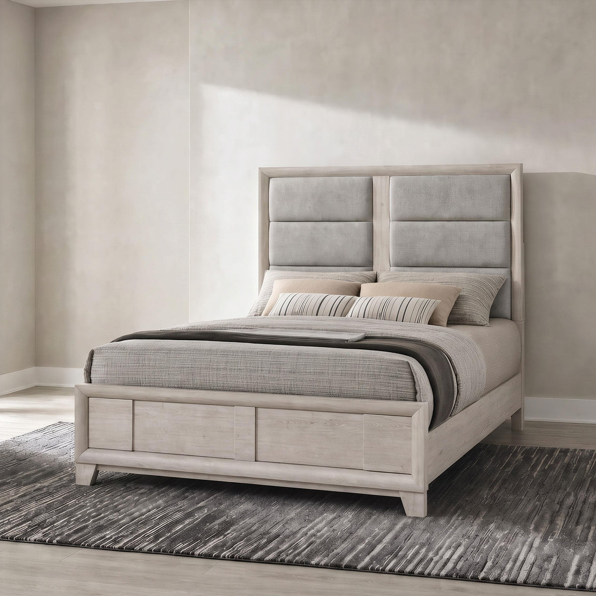 Farre Washed Gray Queen Upholstered Platform Panel Bed from Coaster - Luna Furniture