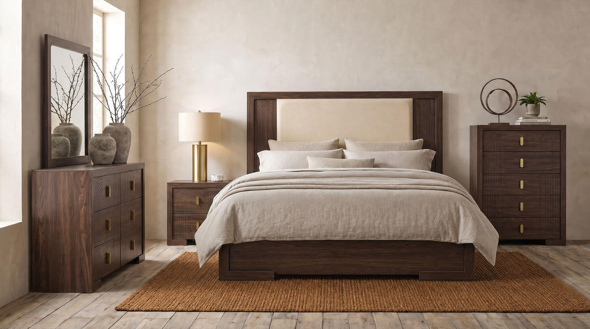 Etienne Walnut/Vanilla Velvet Upholstered Eastern King Panel Bed from Coaster - Luna Furniture