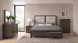 Farre Eastern King Upholstered Storage Platform Bed Dark Brown from Coaster - Luna Furniture
