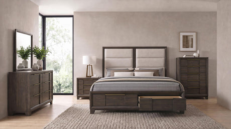 Farre Eastern King Upholstered Storage Platform Bed Dark Brown from Coaster - Luna Furniture