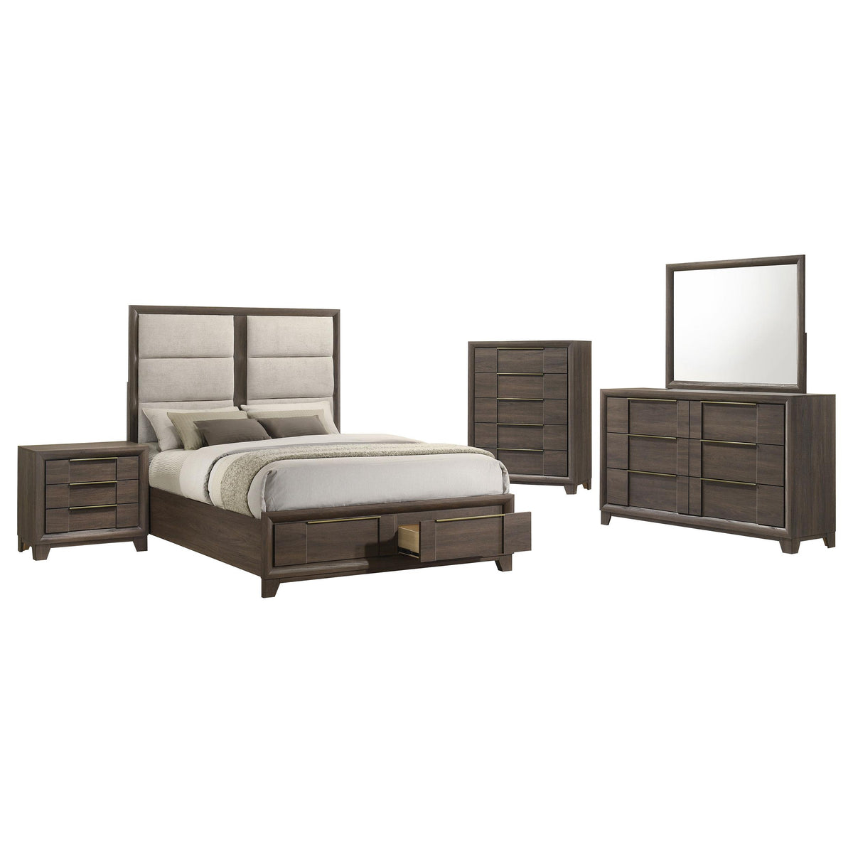 Farre Dark Brown/Beige 5-Piece Queen Upholstered Storage Bedroom Set
